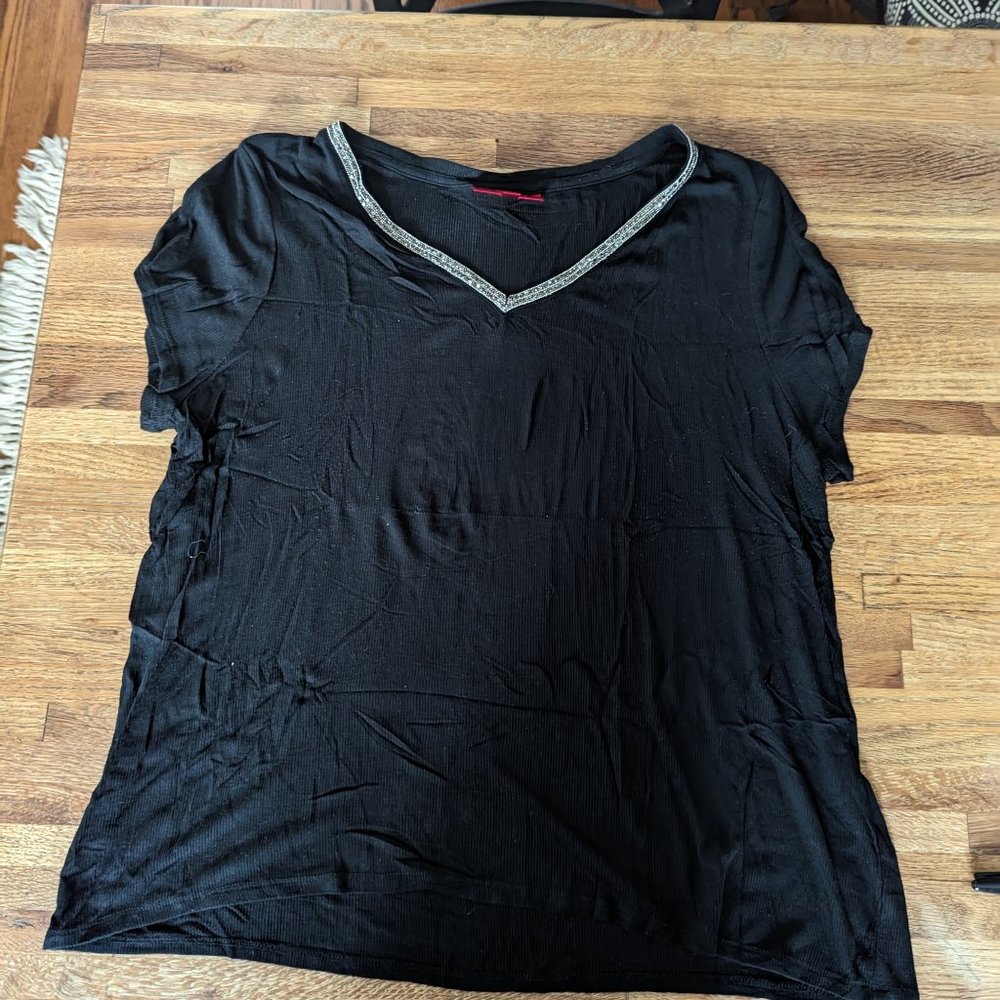 Women's Black Ribbed Short Sleeves Rhinestone V Neck Size XXL Jennifer Lopez